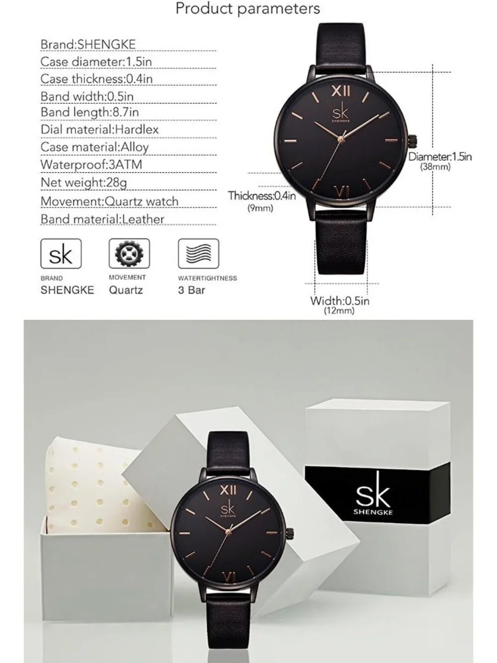 Women's Black Creative Simplicity Genuine Leather Ladies Elegant Wrist Watches